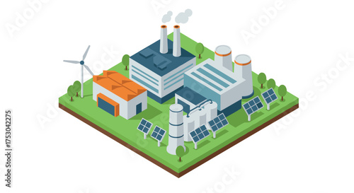 Sustainable energy factory with solar panels and wind turbine in isometric design