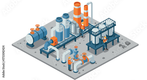 Isometric industrial factory with workers and machinery