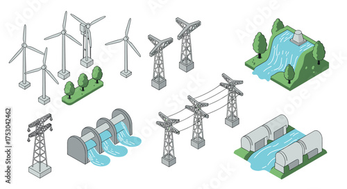 Isometric renewable energy icons: wind turbines, power lines, hydroplants