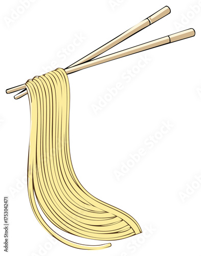 Chopsticks holding a bunch of fresh, long, thin noodles, ready to eat