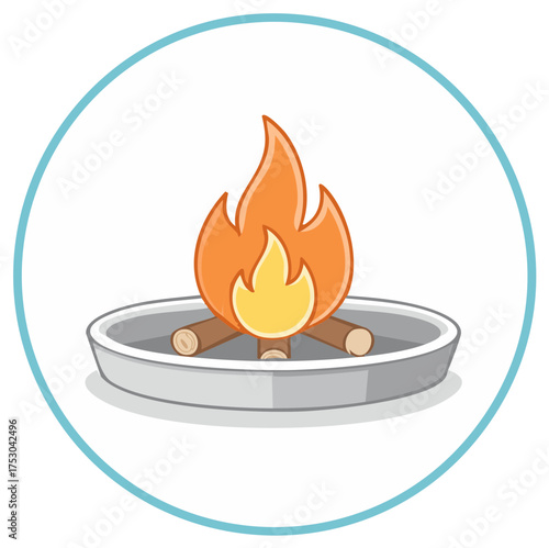 Campfire Cartoon Illustration in Circular Frame: Burning Wood Logs with Bright Flames in a Metal Fire Pit
