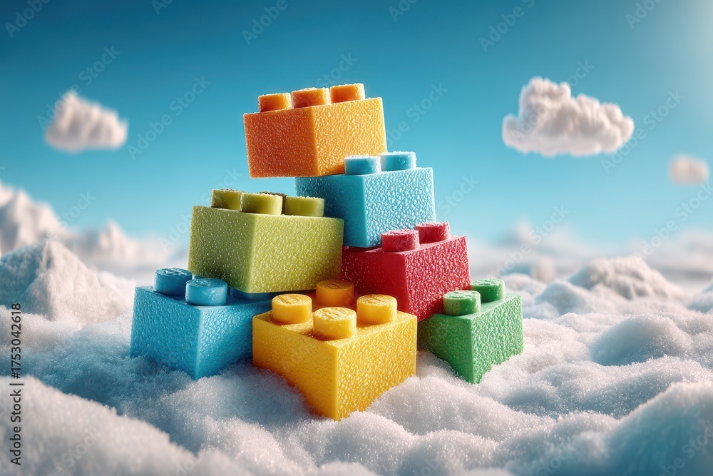Naklejka premium Colorful Lego Bricks Stacked Together Amongst Fluffy Clouds