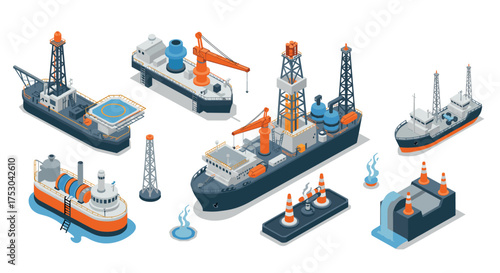 Isometric offshore oil drilling platforms and ships set