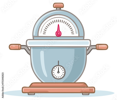 Cartoon illustration of a vintage cooking pot with a temperature gauge and timer.