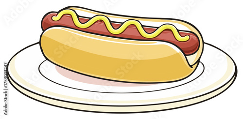 Cartoon hot dog with mustard on a white plate illustration
