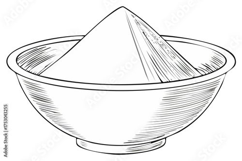Monochrome line art illustration of a kitchen bowl brimming with a conical pile of fine powder ingredient