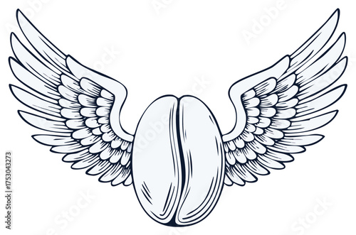 Flying Coffee Bean with Wings Outline Graphic Illustration for Energy Drink or Cafe Branding