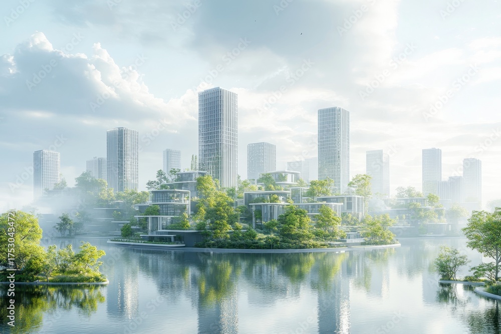 Fototapeta premium Modern cityscape with lush greenery and high-rise buildings by a serene lake under cloudy skies