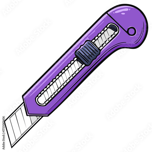 Cartoon illustration of a purple retractable utility knife box cutter