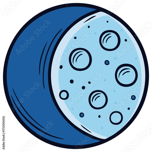 Cartoon illustration of the moon with craters and dots in shades of blue