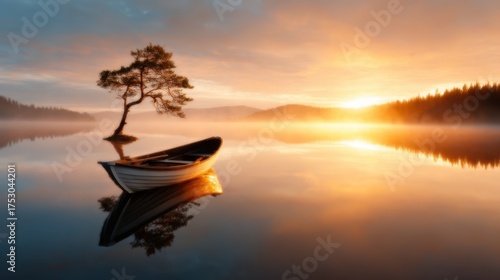 A lone boat rests peacefully on a still lake, reflecting a brilliant sunset, evoking feelings of tranquility, solitude, and the beauty of nature's canvas.