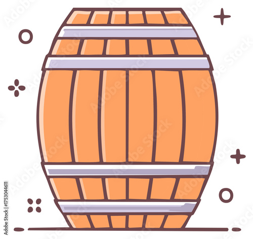 Cute doodle style illustration of a wooden barrel with metal hoops vector icon