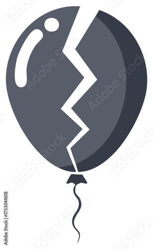 Dark Gray Broken Balloon with String, Isolated Pop Concept, Symbol of Failure, Collapse and Frustration