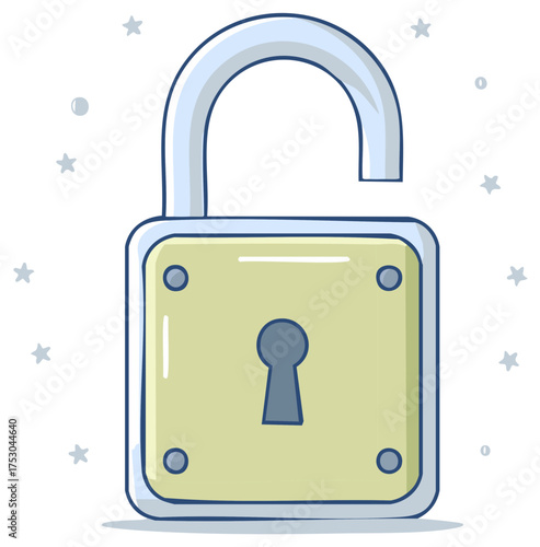 Cartoon unlocked padlock representing security access freedom and privacy