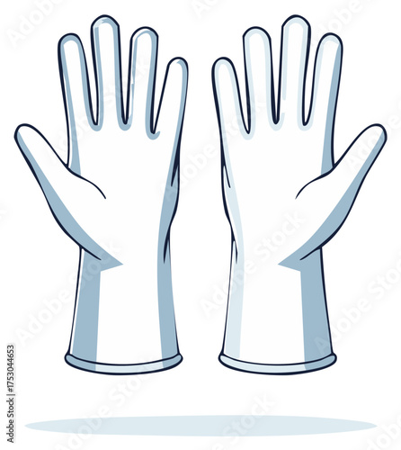 Cartoon illustration of white clean rubber gloves for household chores and protective work