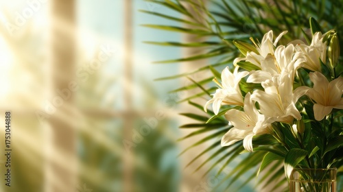 A stunning bouquet of white lilies gracefully arranged, capturing the essence of elegance and freshness, illuminated beautifully by soft sunlight streaming through a window.