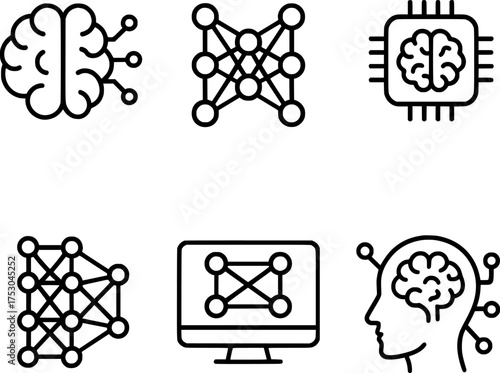 ai deep learning neural network algorithm icon set