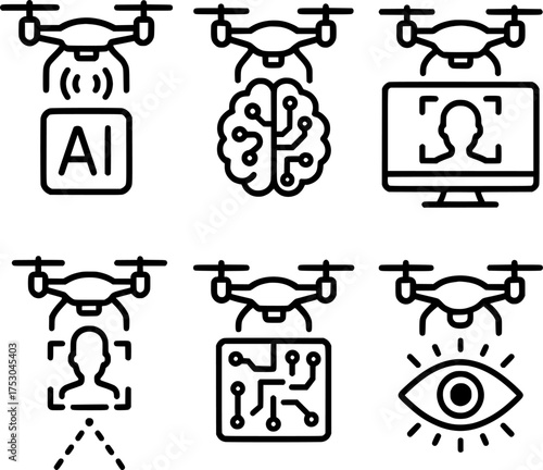 ai powered drone surveillance vector icon set