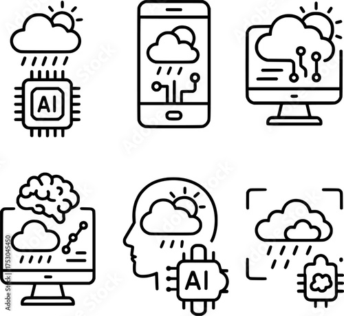 AI powered weather forecast system vector icons