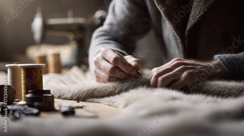 A craftsperson meticulously works on fur with hand tools, showcasing tradition and skill. Great for representing artisanal crafts, fashion,  heritage.