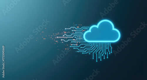 A glowing blue cloud connected to a circuit board on a dark blue background