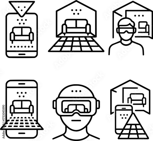 augmented reality room mapping line icon set