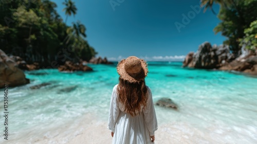 A peaceful beach scene featuring a woman with a straw hat looking towards the vibrant turquoise ocean, evoking feelings of tranquility and connection with nature.