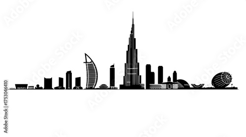 A detailed vector illustration of the Dubai skyline at eye-level, rendered in solid black on a pristine white background, showcasing the iconic Burj Al Arab in silhouette form, along with surrounding 