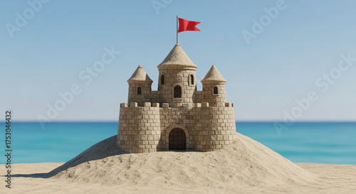Sandcastle on a sandy beach with a red flag on top under a clear blue sky, a symbol of summer vacation and childhood fun, a whimsical seaside scene