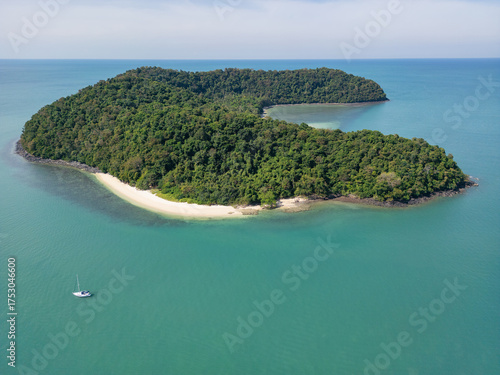 Aerial view on southern part fo Pentai Cenang beach on Langkawi island, Malaysia.