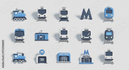 Isometric metro and subway icons, representing various train designs, station entrances, and the iconic m symbol