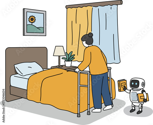 Elderly woman with walker assisted by care robot in cozy bedroom setting