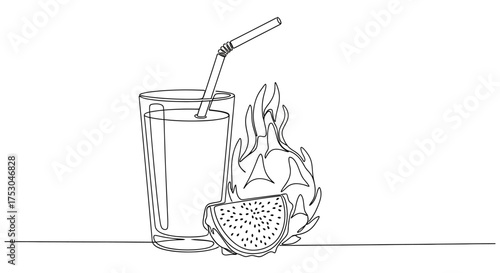 Refreshing dragon fruit juice with a slice and straw in a minimalist line art style