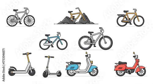 Various types of bicycles and scooters, showcasing different designs for urban transportation and recreational use