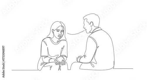Man talking to a sad, worried woman in a simple line art illustration