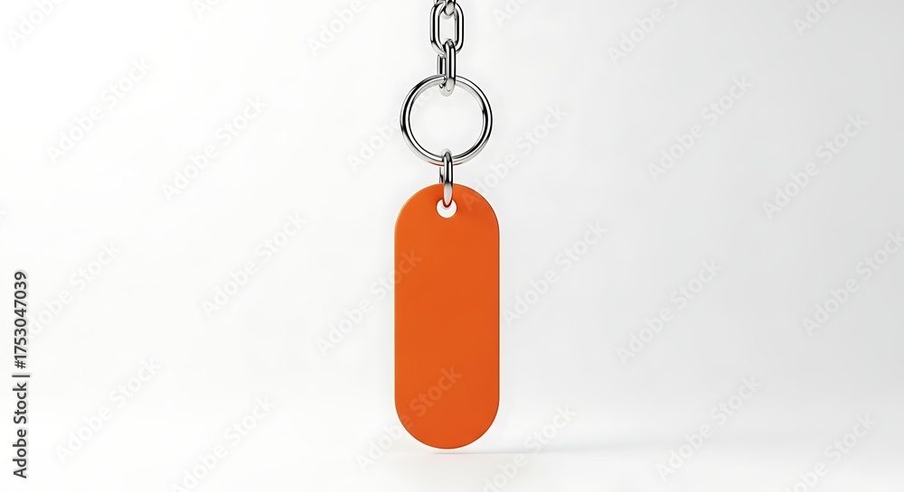 Fototapeta premium Orange Key Tag with Silver Chain on White Background, Minimalist Style.