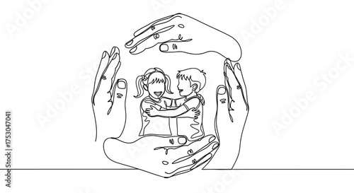 Gentle hands forming a protective shield around two happy children, symbolizing care and safety.