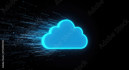 A glowing blue cloud with streaks of light on a black background in the dark