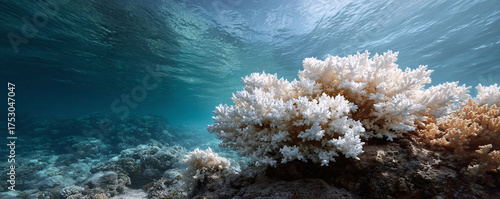 Underwater seascape featuring vibrant white coral reef formations beneath sunlit turquoise water. Evokes serenity, natures beauty, and marine ecosystems.
