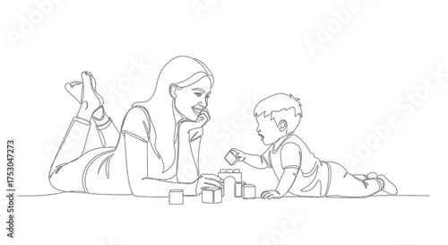 Joyful mother and child playing with building blocks on the floor, fostering connection and development