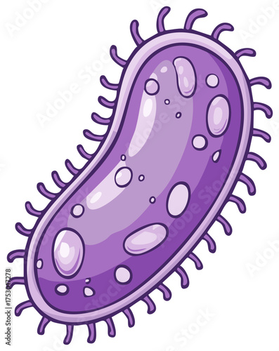Cartoon illustration of a purple bacteria cell with spikes