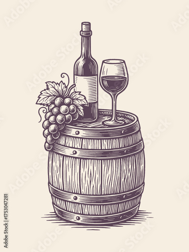  Wine barrel with bottle and grapes vintage vector illustration