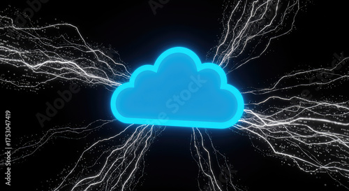 A blue cloud with a bright outline surrounded by white lightning on black background