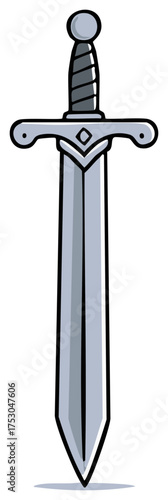 Cartoon sword illustration with metal blade and spiral grip for fantasy or medieval themes