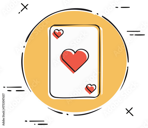 Ace of hearts playing card, gambling game, illustration, hearts suits, on beige circle backdrop with sketch aesthetic