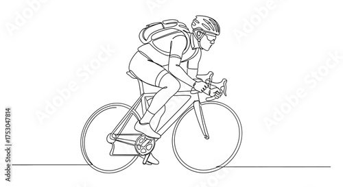 Focused cyclist in helmet and backpack rides a road bike with determination and speed.