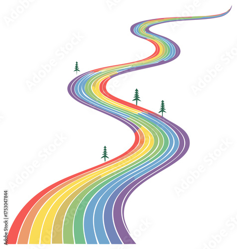 Winding Rainbow River Path Illustrating a Colorful Journey or Progress