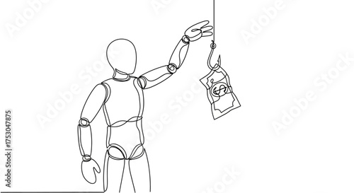 Mannequin reaching for money on a fishing hook, symbolizing temptation and financial risk.