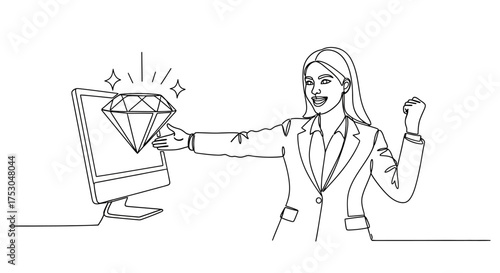 Excited woman celebrates a digital gem emerging from a computer screen, symbolizing success and valuable online discovery.
