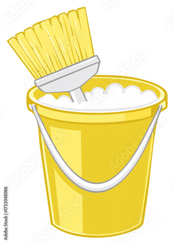 Cartoon illustration of a yellow cleaning bucket filled with soap suds and a large brush